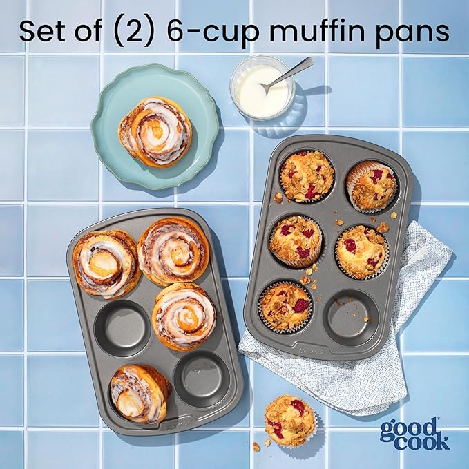 GoodCook Set of 2 Everyday Nonstick Steel Muffin Pan, 6-Cup, Gray