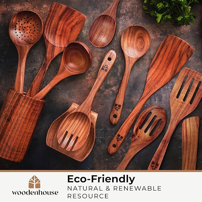 Wooden Spoons for Cooking, 12 Pcs Teak Utensil Set with Holder & Hooks
