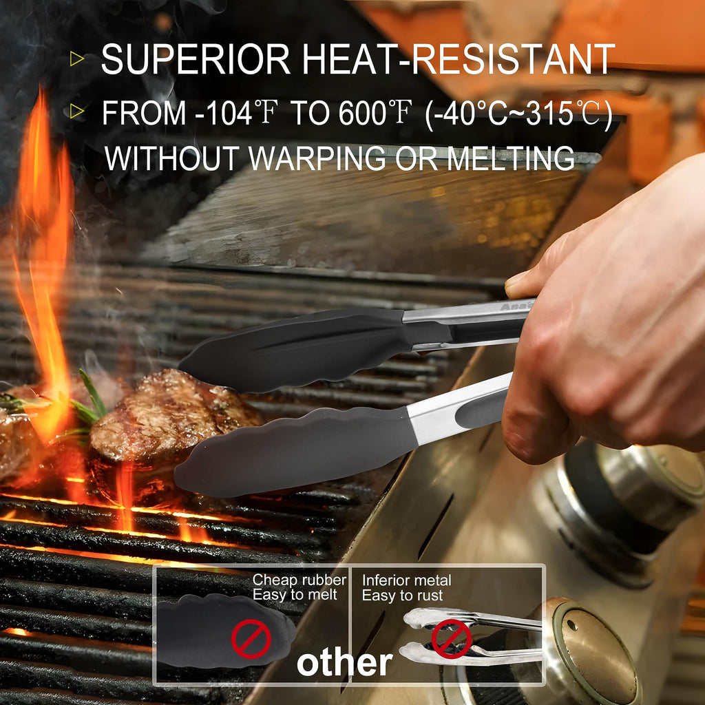 Anaeat Non-Stick Silicone Locking Tong Set of 3 - Stainless Steel 7, 9 and 12 inch Kitchen Food Tongs with Non-Slip Silicone Tips and Grip for Cooking, Baking and BBQ - Heavy Duty & Heat Resistant