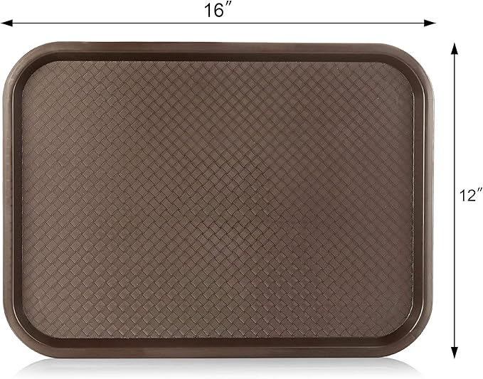 New Star Foodservice Fast Food Tray, 12 x 16 Inch Reusable Plastic Cafeteria Serving Tray, Textured Non-Slip Surface, Stackable Restaurant Tray, Brown, Set of 12