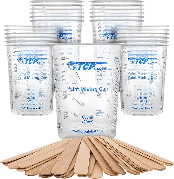 TCP Global 20 oz. (600ml) Graduated Plastic Mixing Cups - Box of 25 - Disposable Plastic Measuring Cups for Liquids, Paints, Resin, Epoxy, Art, Kitchen - Ratios 2-1, 3-1, 4-1 ML