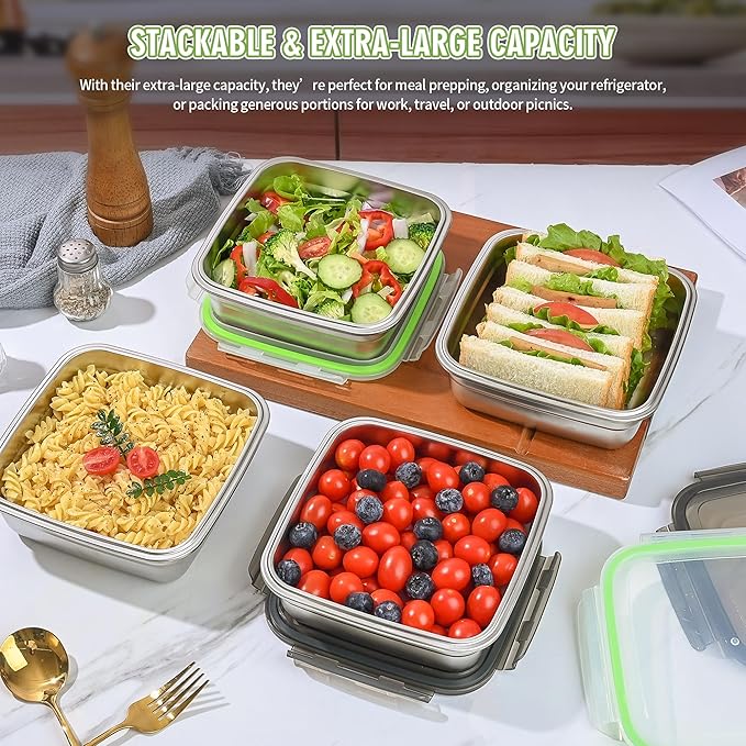 2 Pack Sandwich Containers, 40oz Stainless Steel Sandwich Box with Airtight Lids, Reusable Metal Meal Prep Lunch Boxes, BPA-Free, Dishwasher Safe, Large Capacity Food Storage Containers (Green)