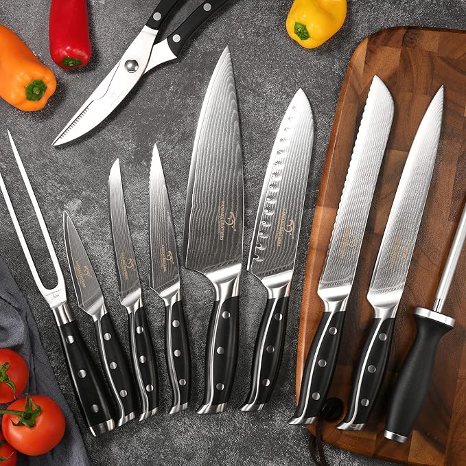 16-Piece Damascus Knife Set with Block, VG10 67-Layer Damascus Steel Kitchen Knife Set with Triple-Rivet Handles, 6 Steak Knives, Meat Fork, Sharpener & Scissors, Natural Wood