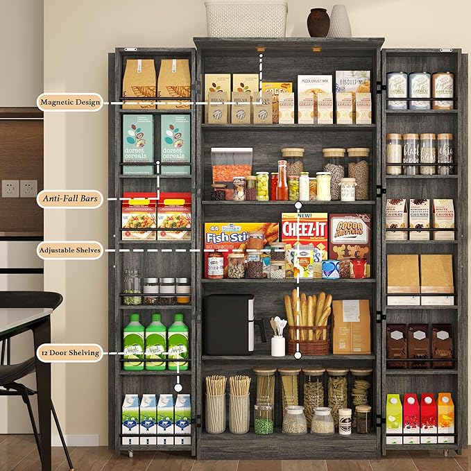 Vrmuxita Tall Kitchen Pantry Cabinet: Food Pantry Cabinets for Kitchen Storage, Grey Wood Storage Cabinet with 2 Doors, Farmhouse Cabinets with Freestanding Cupboard (Grey)