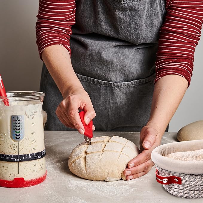 KneadAce Sourdough Starter Kit – 34oz Starter Jar, 2 Oval Banneton Proofing Baskets, Magnetic Bread Lame for Scoring – Gift for Bakers & Complete Sourdough Bread Baking Set