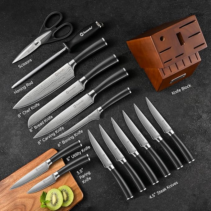 Knife Set with Block and Sharpener, 15 Piece Kitchen Knife Block Set