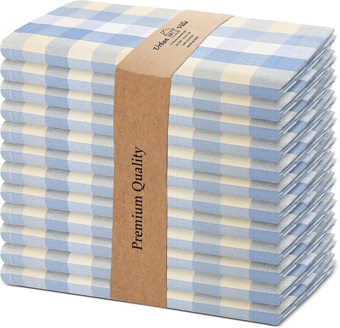Urban Villa Cloth Napkins Cotton 20x20 (Set of 12) Blue Sand Checks