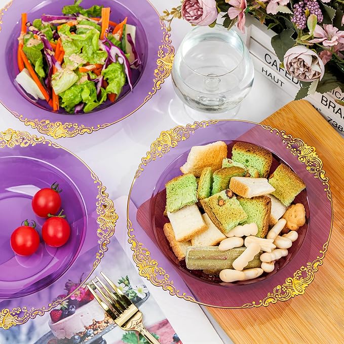 Nervure 50PCS Purple Plastic Bowls with Gold Rim 12oz Disposable Soup Bowls