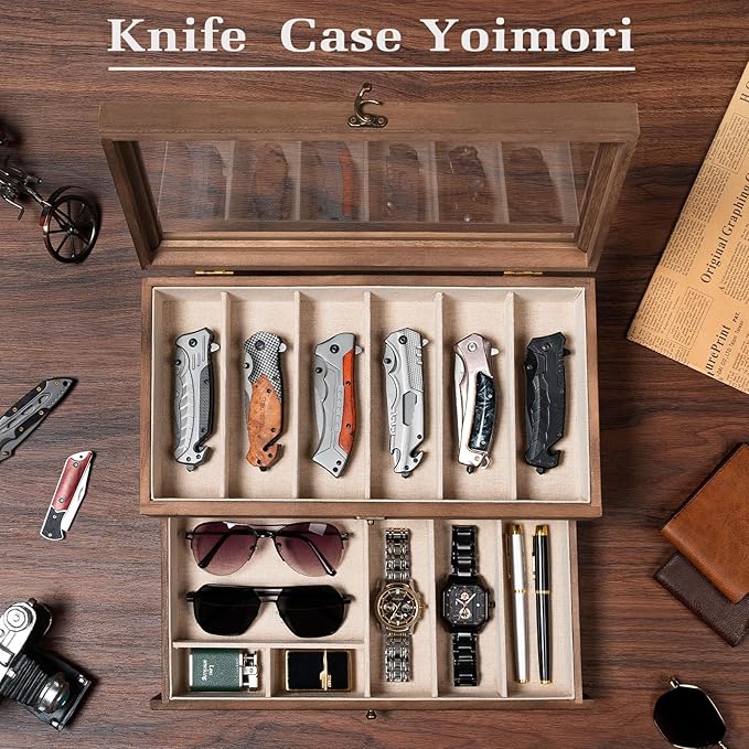 Yoimori Knife Display Case, 2-Layer Pocket Knife Case Display & Storage Knives, Solid Wood Knife Case for Collections, Gift for Boyfriend Fathers Day Birthday Gifts((Walnut)