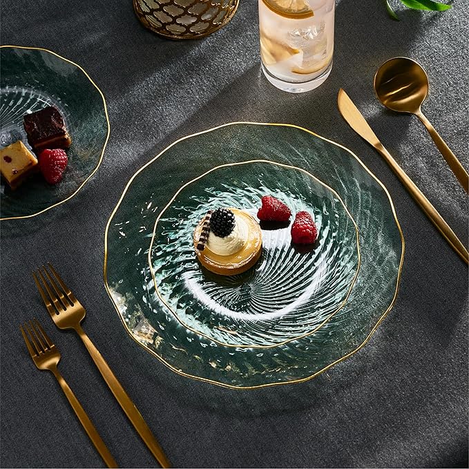 PLASTICPRO 30 Pack Plastic Plate Set of 15-10 inch Plates and 15-7 inch Plates, Elegant Clear Green Spiral and Gold Rim Disposable Fancy Plate Premium Heavyweight