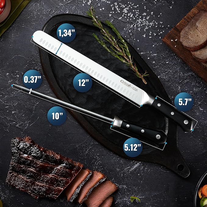Cutluxe BBQ Carving Set, 12" Brisket Knife & 10" Honing Rod for Meat