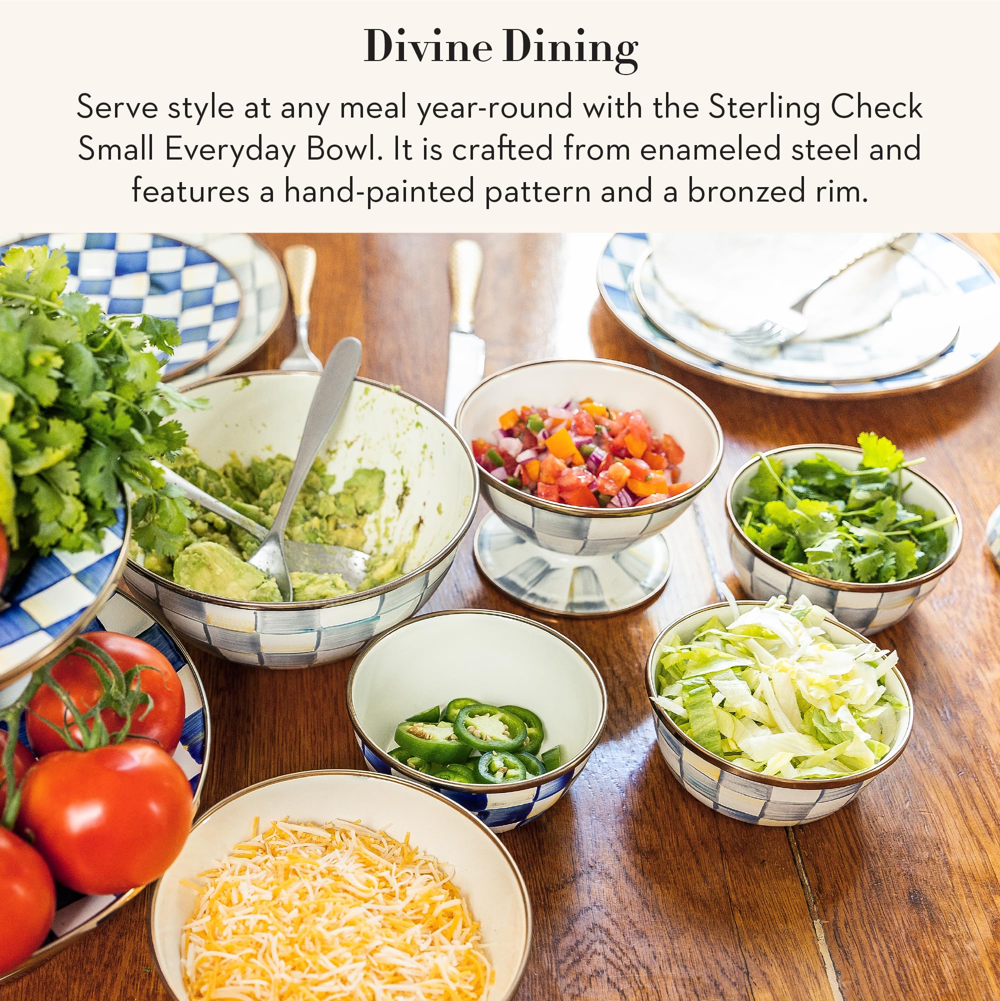 MACKENZIE-CHILDS Enamel Everyday Bowl, Serving Bowl for Entertaining, Small, Gray-and-White Sterling Check, Set of 1