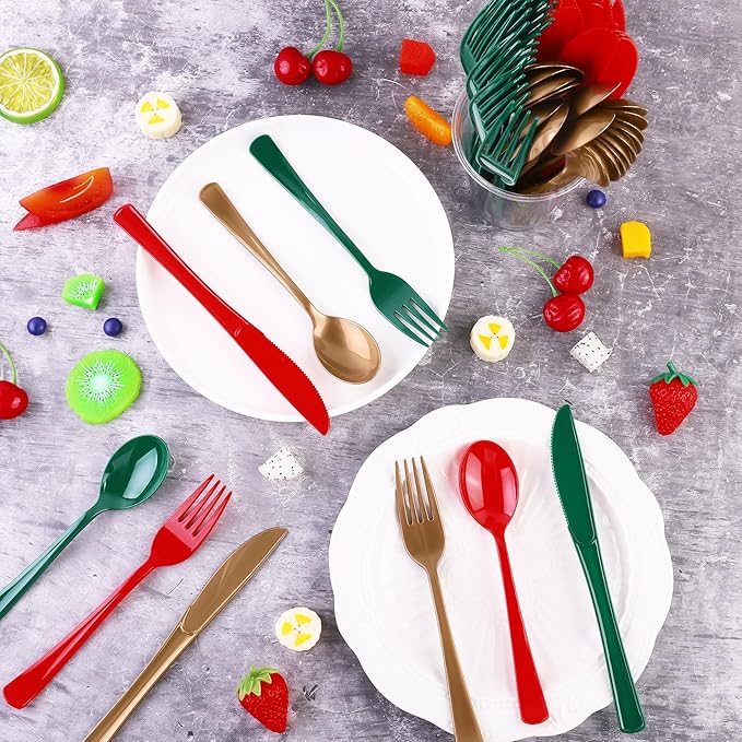 Kochorie 300 Pieces Christmas Plastic Silverware Heavy Duty Plastic Cutlery Set Heavyweight Disposable Flatware Includes Christmas Spoons Knives Forks for Christmas New Year Party