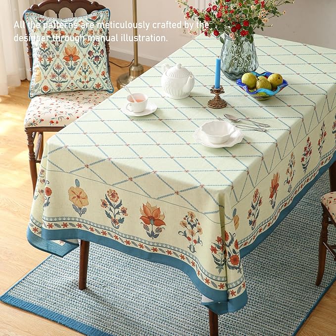 ISAENNE Designer Vintage Linen Rectangular Tablecloth,110"x63"-Floralsea B