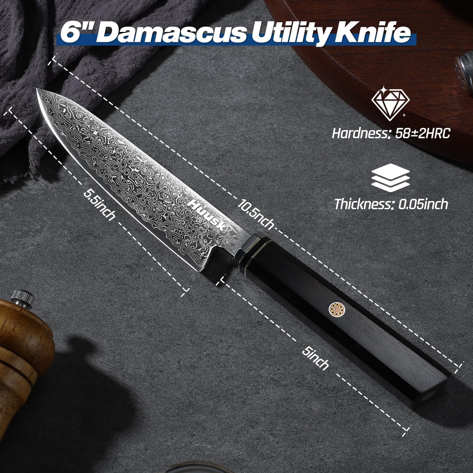 Huusk Damascus Paring Knife Japanese - 5.5" Handcrafted VG10 Utility Knife