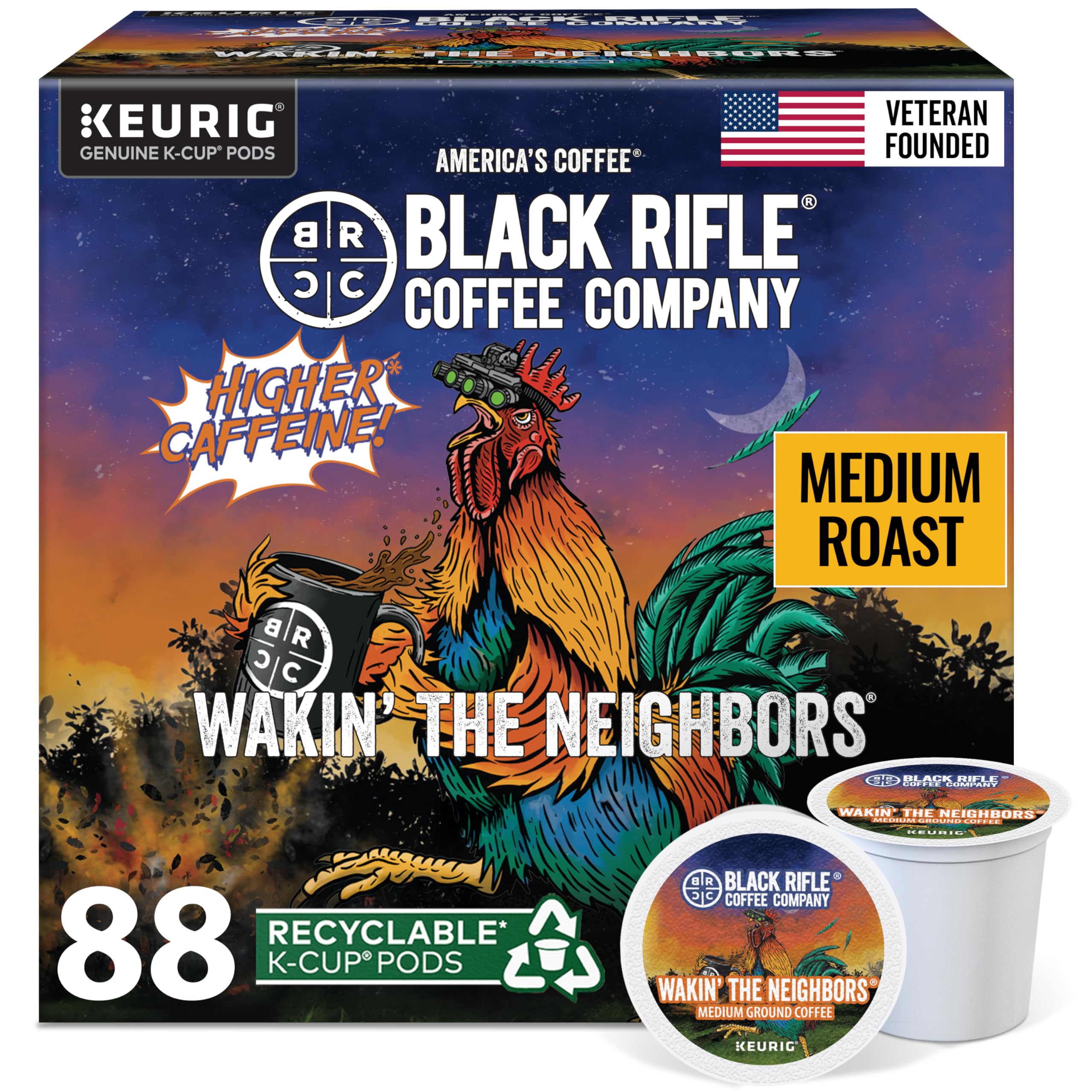 Black Rifle Coffee Company Wakin’ the Neighbors High-Caffeine Coffee Pods – Arabica & Robusta Blend for Extra Energy – Single Serve K Cup Compatible 88 Count