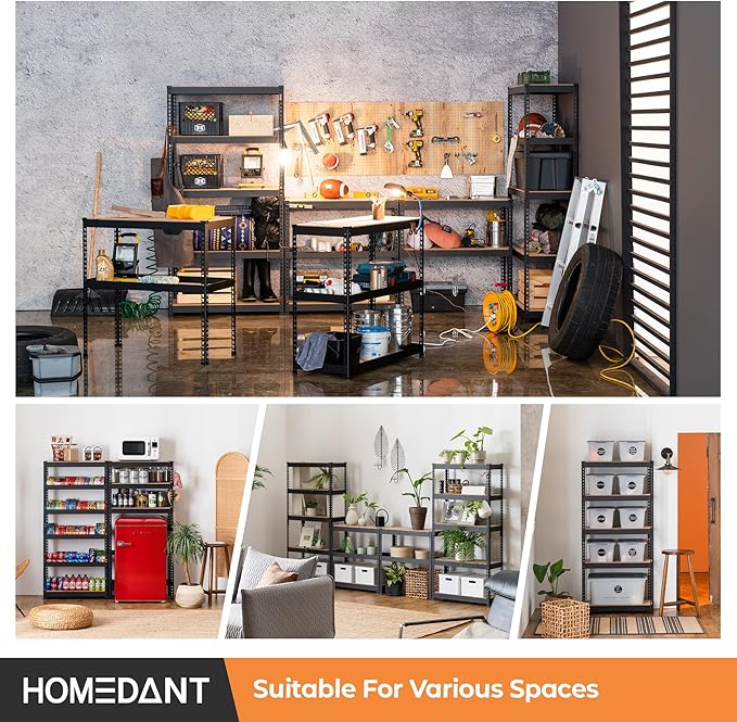 HOMEDANT 28" W 5 Tier Heavy Duty Garage Shelving Adjustable Metal Rack Storage Shelves Standing Shelf Unit Organizers Pantry Closet Black 2Pack