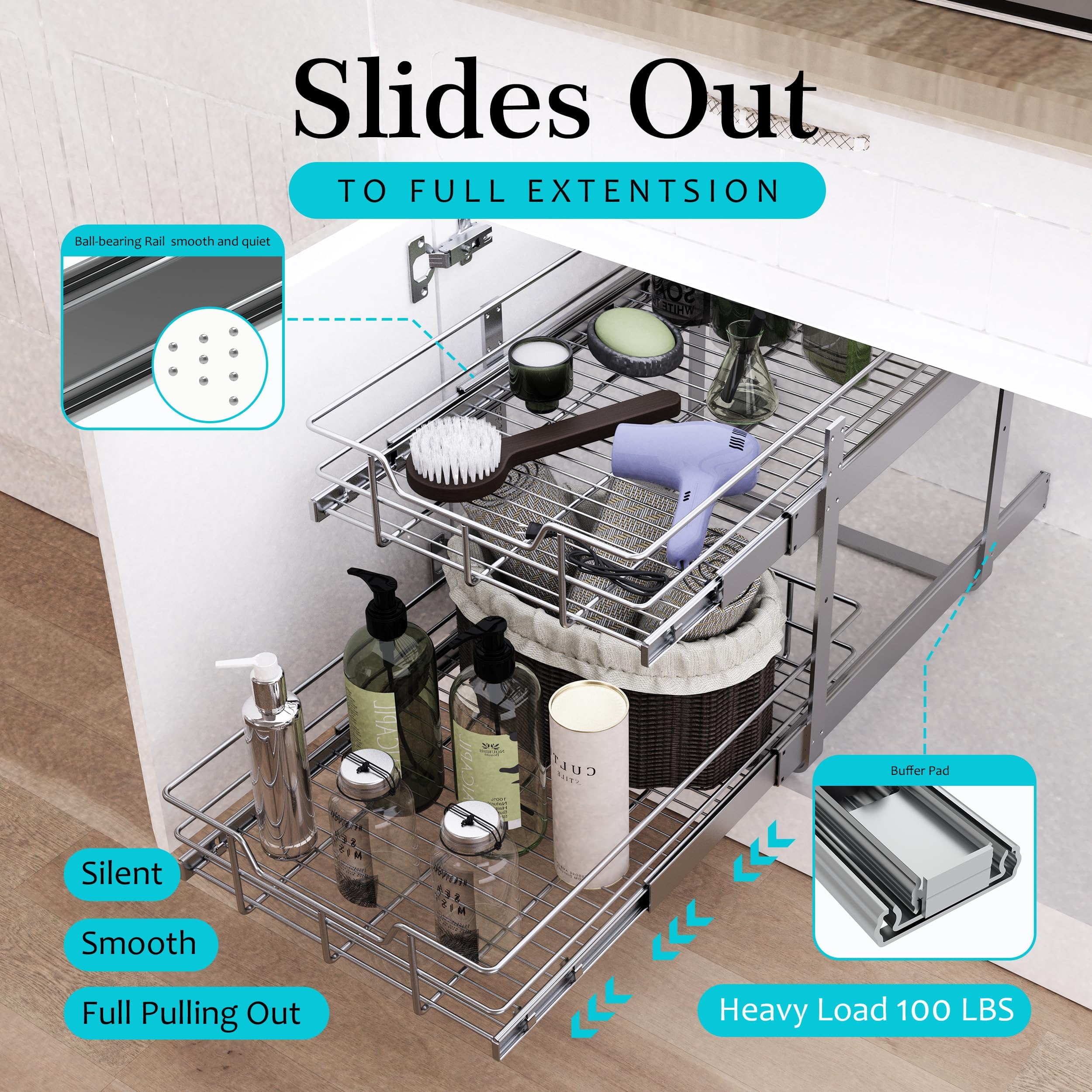 2 Tier Pull Out Cabinet Organizer 11" W X 22" D, Chromed, Full Slide Out