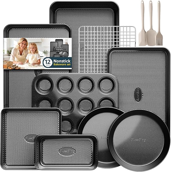 12-Piece Nonstick Bakeware Set, Stackable Non Toxic Baking Pans Set - Black