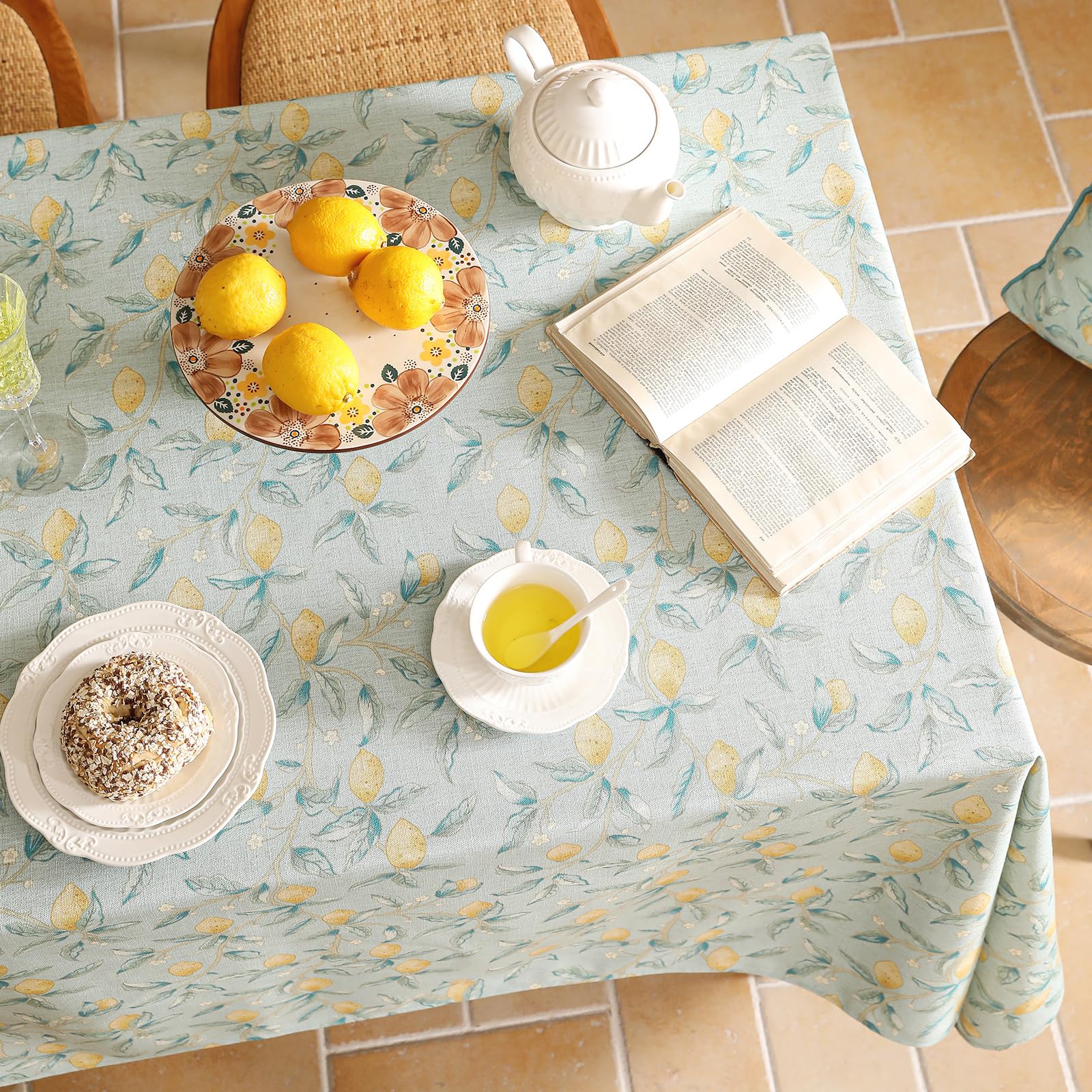 patdrea Designer Linen Green Long Tablecloth for Rectangle Table,Vintage Breathable Yellow Fruits Pattern Table Cloth,Decor Cover for Kitchen Dining,Christmas,Thanksgiving,Party,63"x102"-Ania a