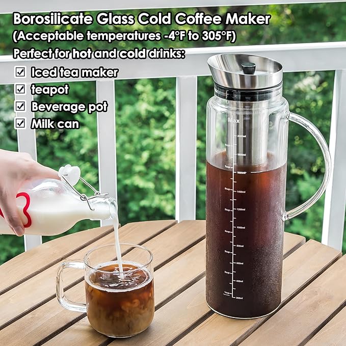 Aquach 68oz Cold Brew Coffee Maker, Extra Tall Glass Pitcher for Iced Tea