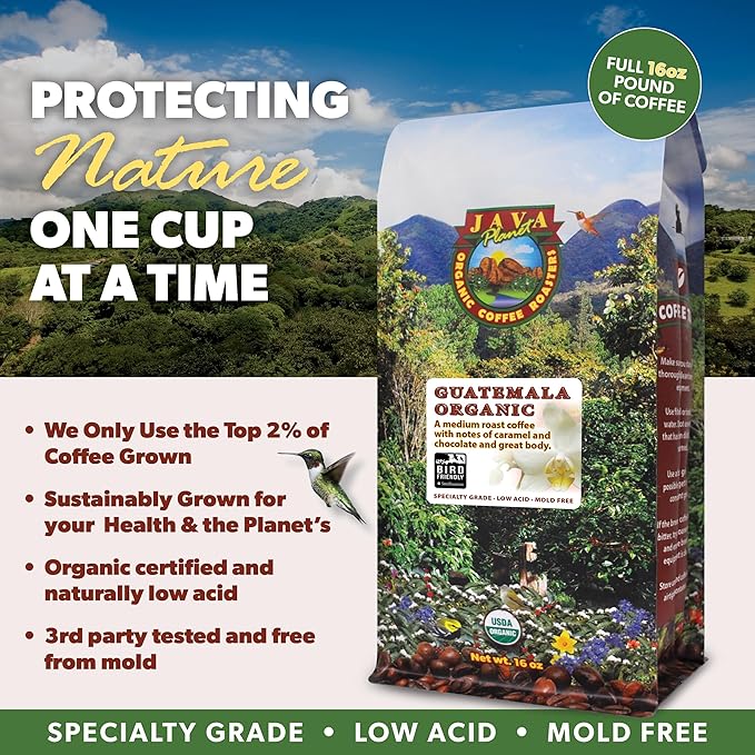 Java Planet Low Acid Organic Guatemalan Coffee Beans, Medium Roast, 16 oz