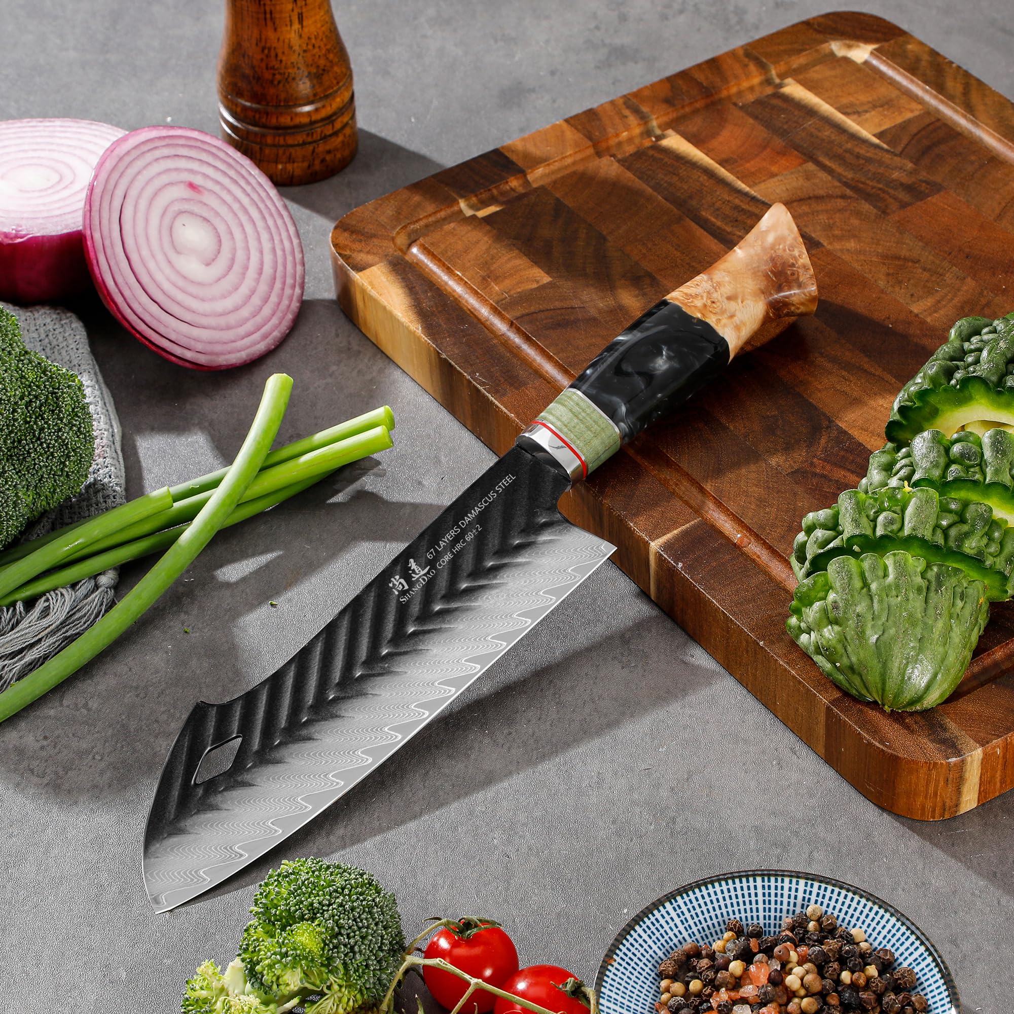 SHANGDAO Damascus Santoku Knife 7.5 Inch, 67 Layers Alloy Steel, With Professional Hand Forged Resin & Wood Handle QILIN Series