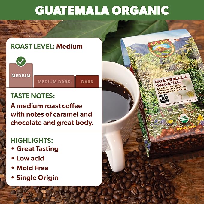 Java Planet Low Acid Organic Guatemalan Coffee Beans, Medium Roast, 16 oz