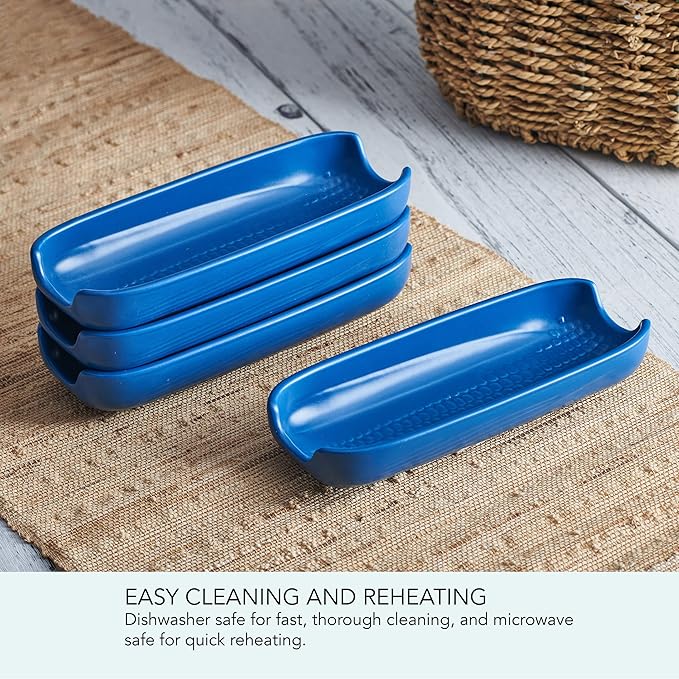 Pfaltzgraff Callie Blue Corn Dishes Set of 4, Stoneware Corn on the Cob Holders, 8.25 Inches Long, Dishwasher and Microwave Safe, Charming Blue Dinnerware for Family Meals