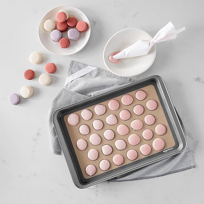 Amazon Basics Silicone Baking Mat for Macarons, Non-Stick, Food Safe, Reusable, Oven-Safe, 16.5" x 11.6", Beige/Gray, 2-Pack