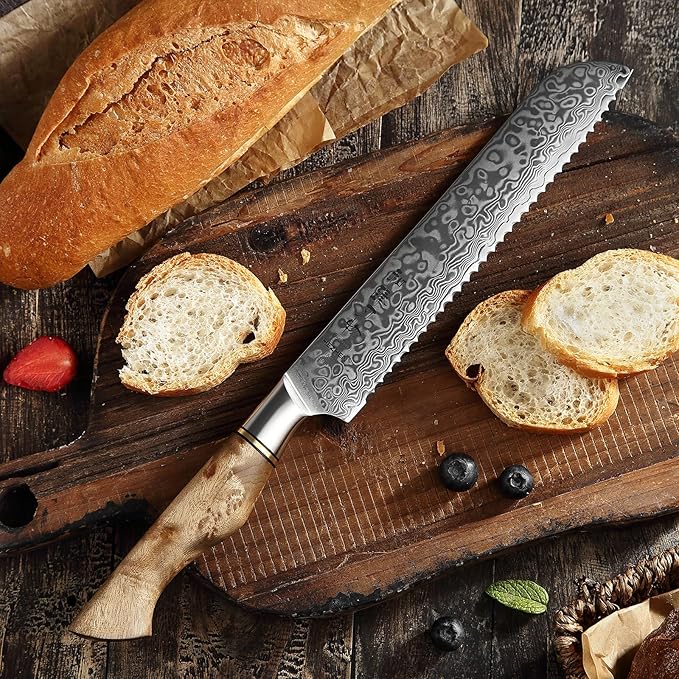 HEZHEN 8.3-Inch Bread Knife – 67 Layers Damascus Steel, Professional Serrated Slicer for Sourdough & Artisan Bread, Figured Sycamore Handle