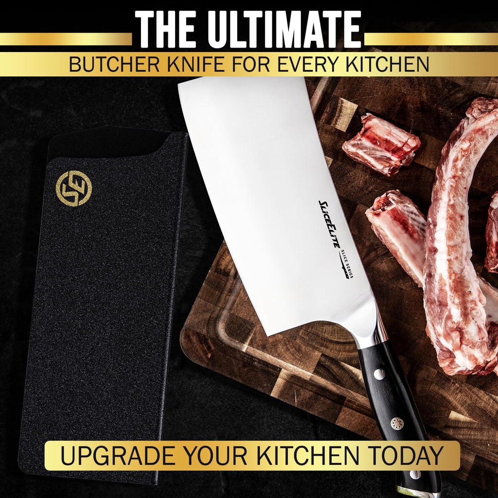SliceElite Slice Series 7 Inch Bone Cutting knife High Carbon German Steel Blade Pakkawood Handle Dual Sheath Cleaver Chopper Butcher Tool Heavy Duty Kitchen Meat Slicer Vegetable Sharp Gift BBQ Chef