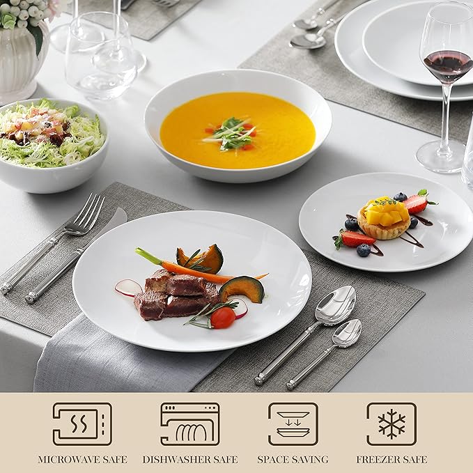 MALACASA 24-Piece Porcelain Dinnerware Set, White Round Dish Set for 6