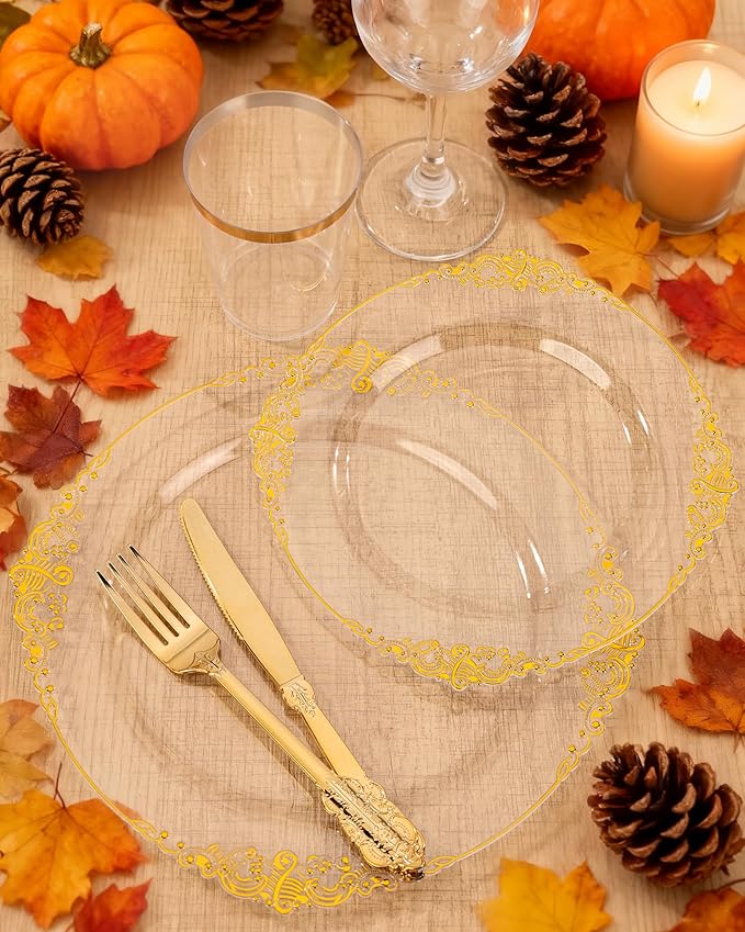 Nervure 350Pcs Clear Gold Plastic Plates, Dinnerware Sets for 50 Guests