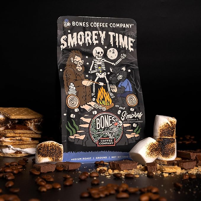 Bones Coffee Company S'morey Time Flavored Coffee - Medium Roast - Ground or Whole Bean - Low-Acid Arabica Coffee Beans - Balanced S'mores and Graham Cracker Flavor - 12 Oz