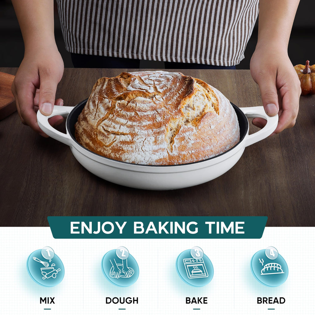 E-far Dutch Oven for Sourdough Bread Baking, 6 Qt Round Enameled Cast Iron Dutch Oven for Homemade Artisan Bread, Dome Lid & Shallow Base, Matte Black Interior & Durable, Oven-Safe to 500℉, White