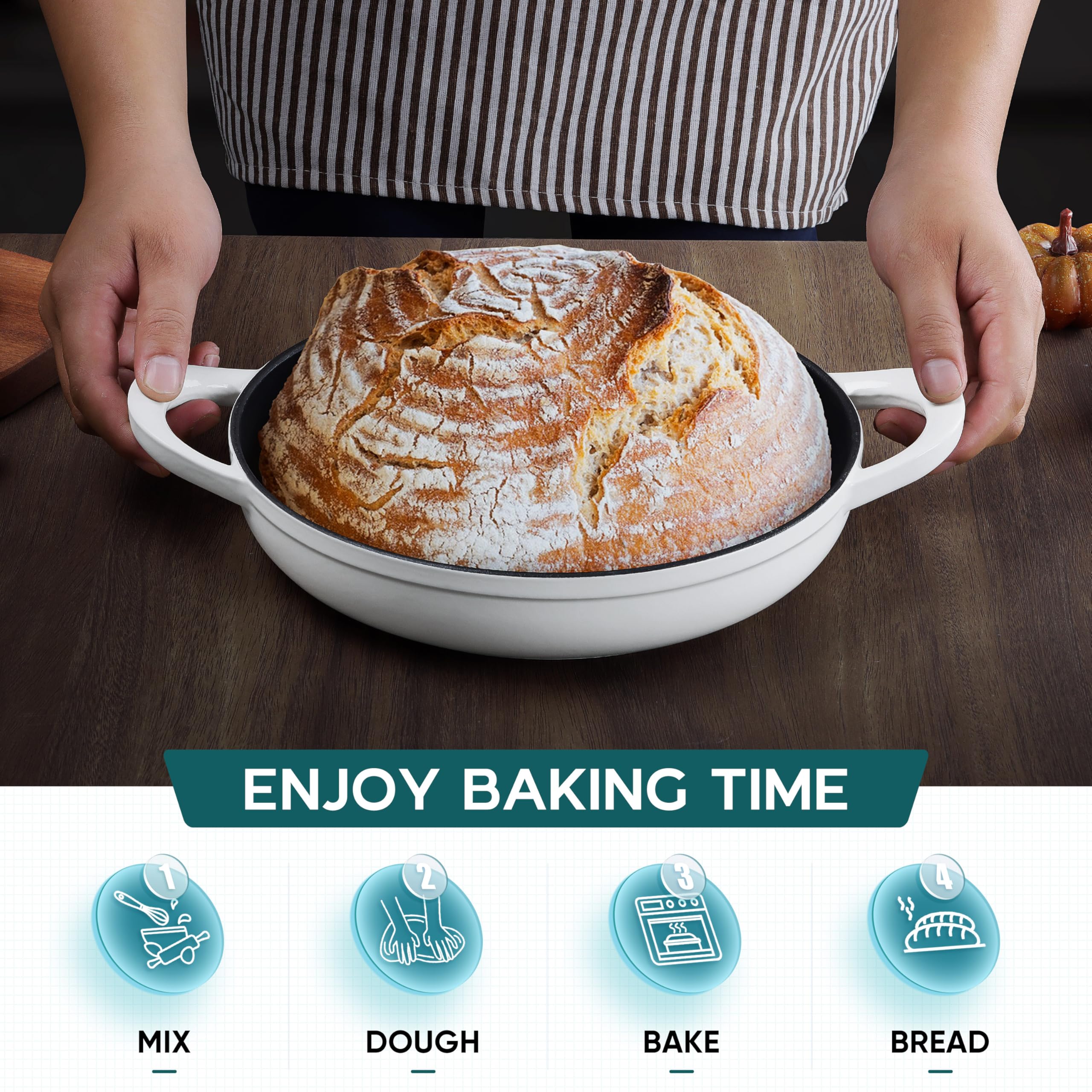 E-far Dutch Oven for Sourdough Bread Baking, 6 Qt Round Enameled Cast Iron Dutch Oven for Homemade Artisan Bread, Dome Lid & Shallow Base, Matte Black Interior & Durable, Oven-Safe to 500℉, White