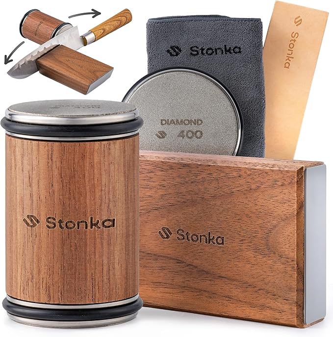 Stonka Walnut Rolling Knife Sharpener Kit – Premium Dark Wood, Diamond Wheels, Magnetic Angle Guide 15° & 20°, Leather Strop – Giftable Packaging