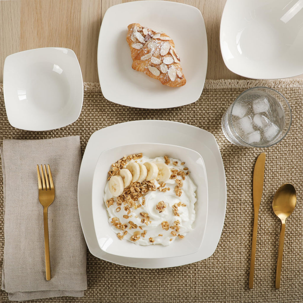 Gibson Home Brentwood 40-Piece Dinnerware Set – Square White Porcelain Plates and Bowls, Service for 8, Dishwasher & Microwave Safe, Modern Everyday Dinner Set with Cereal, Dessert, and Entrée Bowls