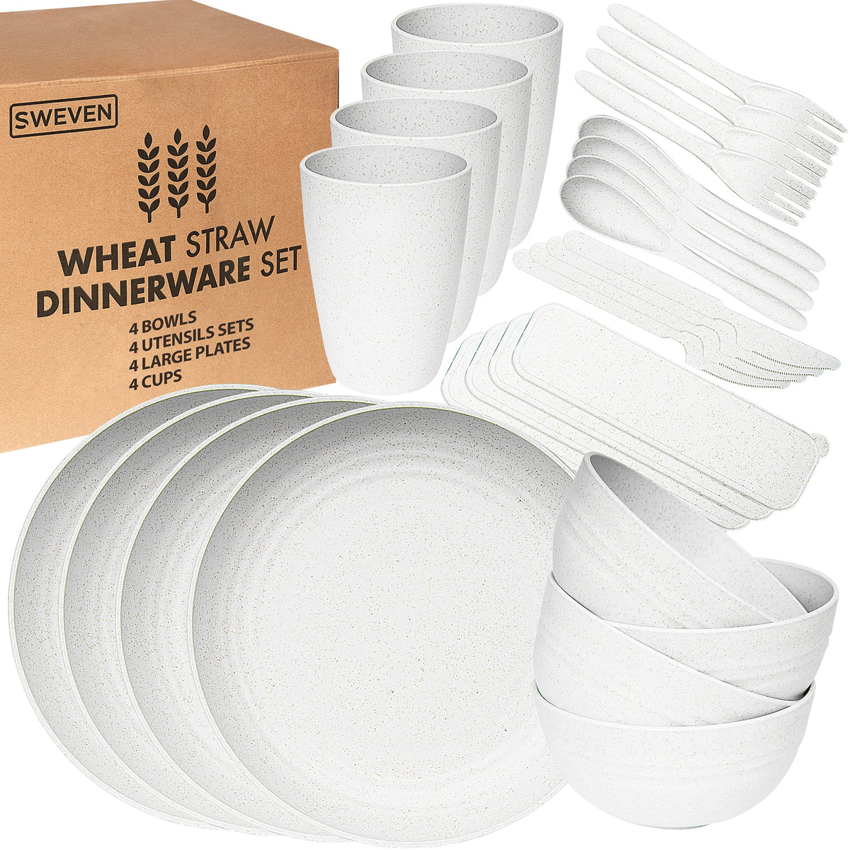 Wheat Straw Dinnerware Sets | Unbreakable Dinnerware Sets | Dishwasher Microwave Safe Dinnerware | Eco Friendly Non Breakable Dinnerware Sets | RV Outdoor Camping (Black, Service for 4 (16 pcs))