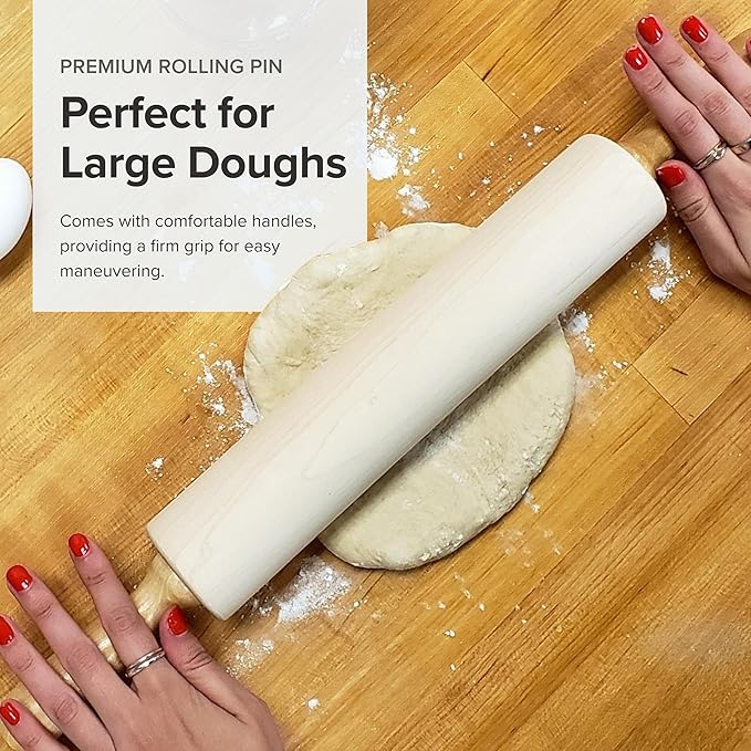 Frieling Maple Rolling Pin with Handles - 2.4-in x 12-in Barrel, 21-in Total Length-Natural Wood - Baking Essentials, Pastry Roller & Pizza Dough Roller