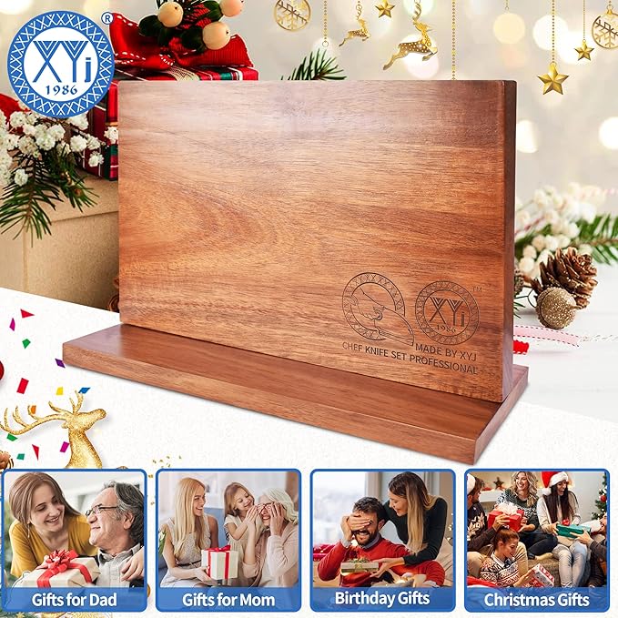XYJ Magnetic Knife Block, Acacia Wood Knife Holder with Strong Magnets