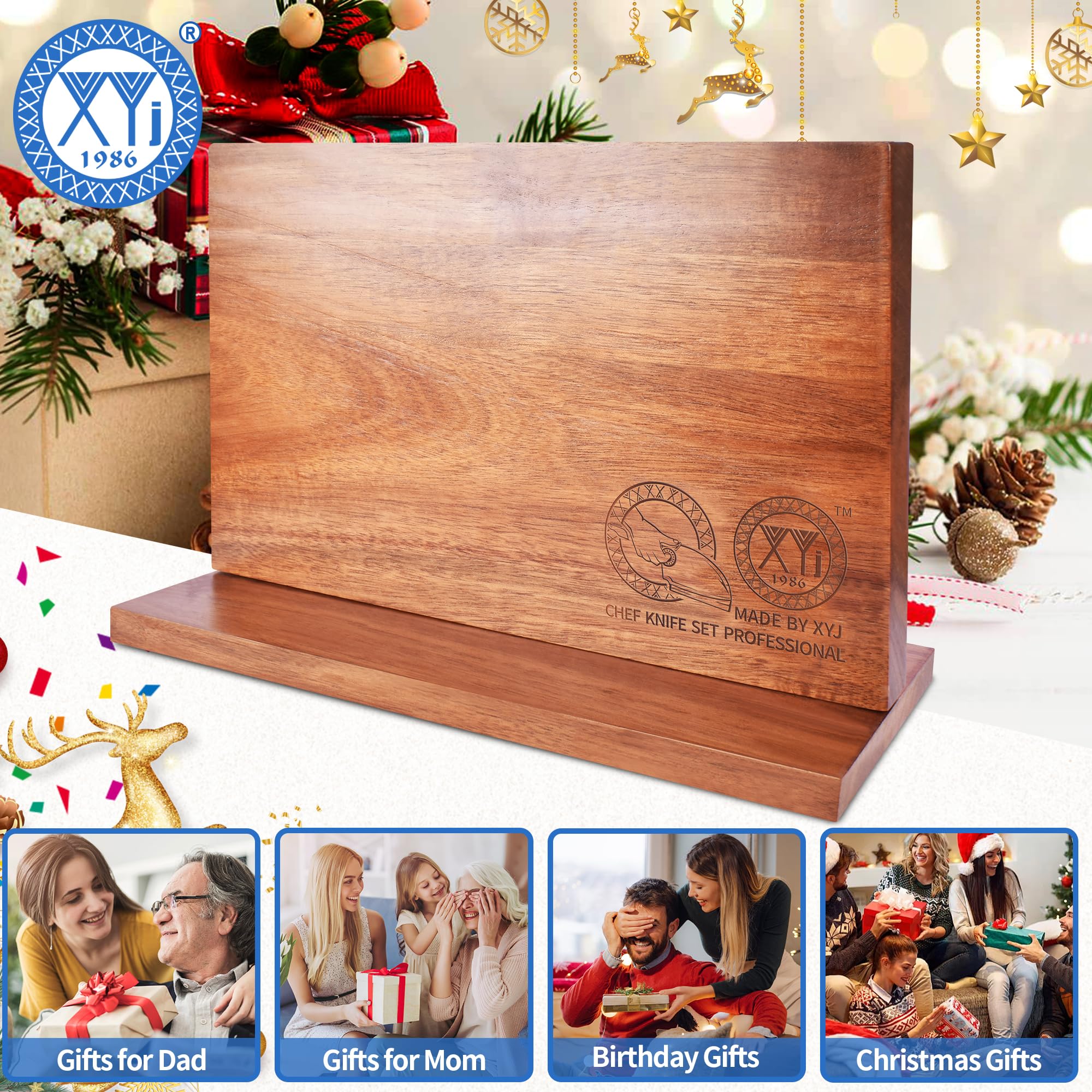 XYJ Magnetic Knife Block, Acacia Wood Knife Holder with Strong Magnets