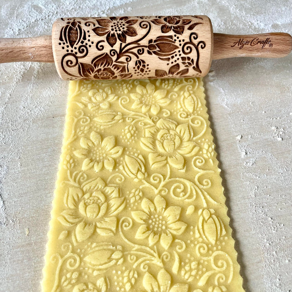 FLORET 3 Kid Rolling Pin Set with Lotus, Kashmir, Paisley, Flowering Vine, Lily Flowers Patterns. Wooden Laser Cut Mini Rolling Pins for Cookies, Play Dough, Salt Dough or Clay by Algis Crafts