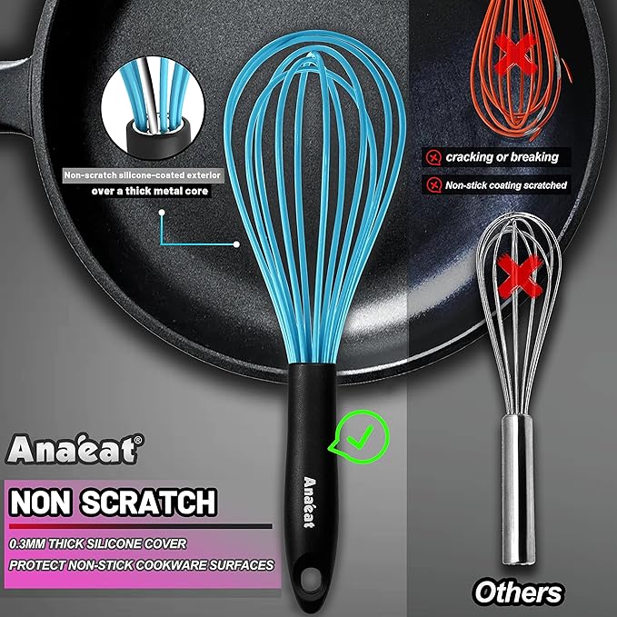 Anaeat Silicone Kitchen Whisk Set of 4, Perfect for Non-Stick Cookware, Milk and Egg Beater Blender for Whisking, Cooking, Baking, Beating - 11'' Flat Whisk and 9''+11''+12'' Balloon Whisks (Blue)