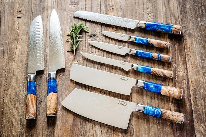 The Epicurean Cook Real Forged Damascus 8pc Japanese-Style Knife Set Blue