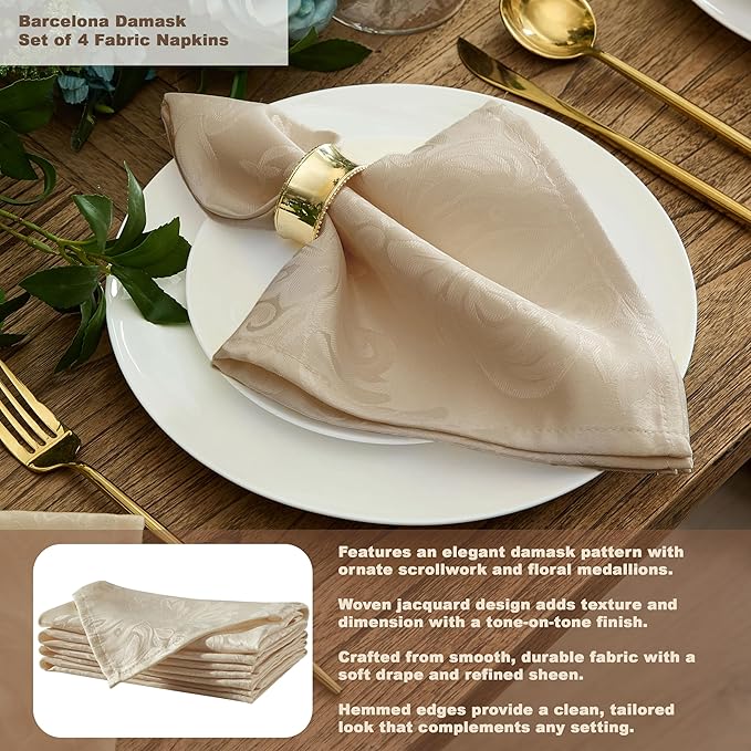Newbridge Barcelona Luxury Damask Fabric Tablecloth, 60” Wide x 144” Rectangle, Golden Beige, 100% Polyester, No Iron, Soil Resistant Dining Room, Party and Banquet Table Cover