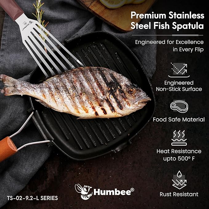 HUMBEE 9 Inches Fish Turner, Slotted Fish Spatula Dishwasher Safe NSF (Left Hand), Shovel Brown