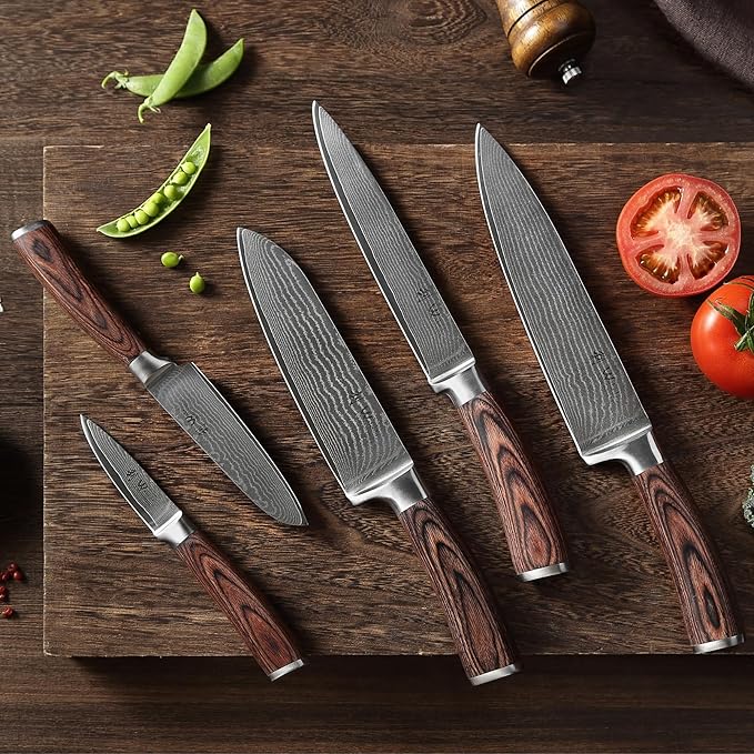 Wakoli EDIB Damascus Knife Set, 5-Piece VG10 Steel Knives, Wooden Gift Box