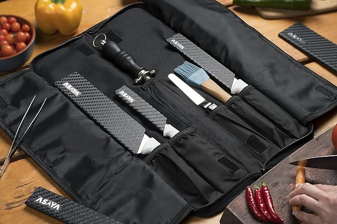 Asaya Chef Knife Roll Bag - 12-Pocket Chefs Case for Kitchen Knives and Utensils, Lightweight Stain-Resistant Waxed Nylon Chef Knife Bag - Knives Not Included (Purple)